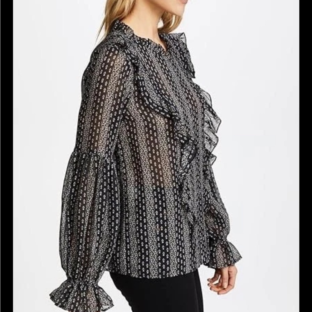 PAIGE Haiku Black Floral Silk Ruffle Button Front Blouse Small Quiet Luxe - Picture 5 of 8